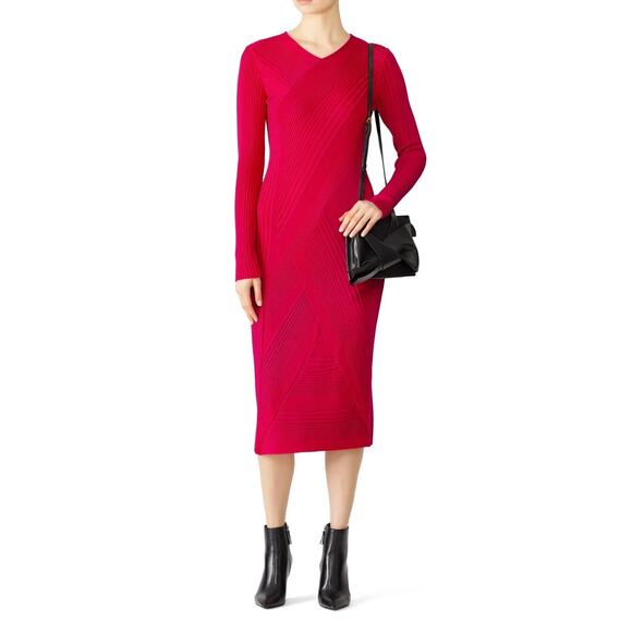 Cedric Charlier Red and Pink Knit Stripe Midi Dress 14 - Picture 1 of 13